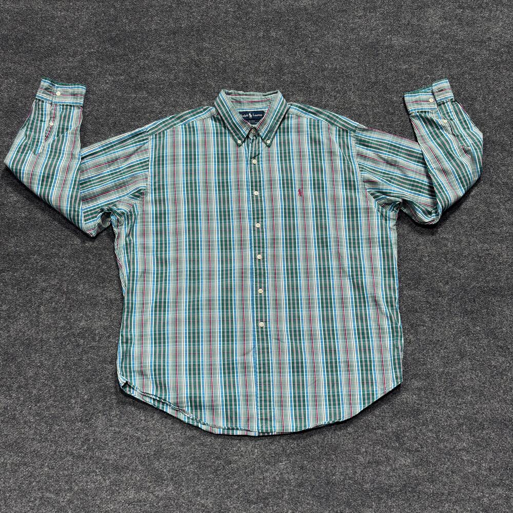 Ralph Lauren Shirt Mens XL Green Blue Plaid Blake Two Ply Cotton Button Down